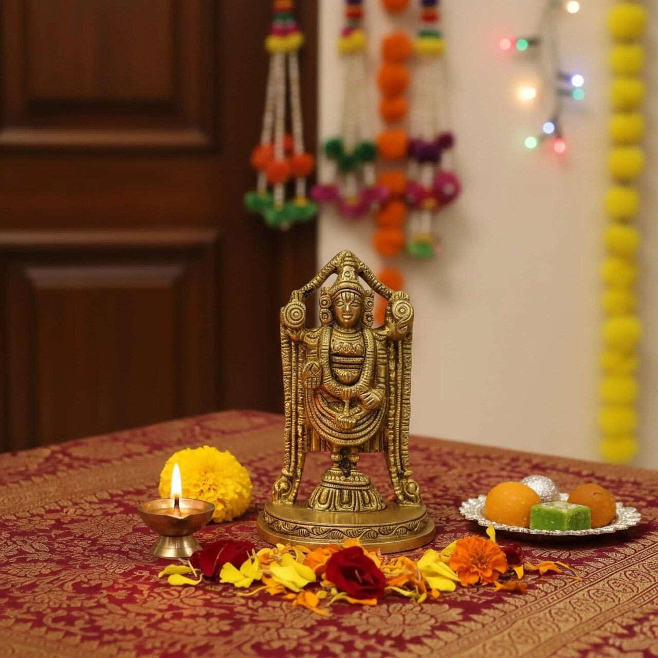 Small Brass Balaji and Venkateswara Idol Statue Gold Finished Tirupati Balaji Statues Incarnation of Lord Vishnu Sculpture Pooja Gift Living Room Mandir Decorative Showpiece